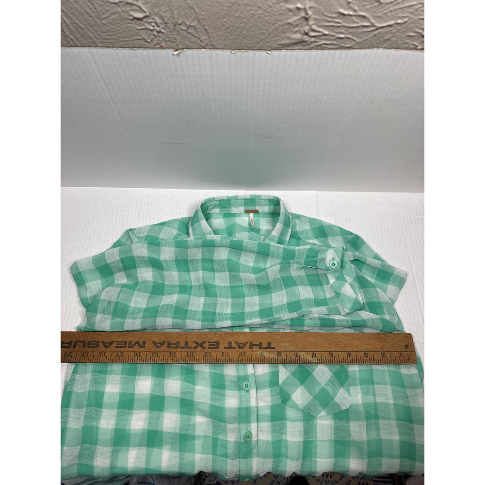 Free People Green‎ Checkered Button Up Long Sleeve Lightweight Top Size Medium - Picture 6 of 6